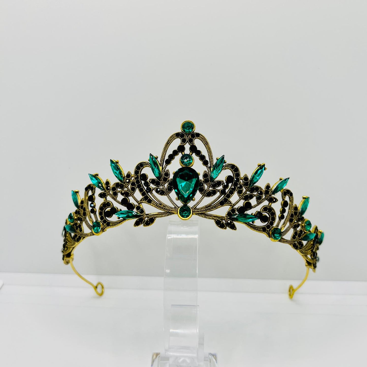 Barockstil Diadem Krone in Gold – Strasssteine in Grün Schwarz – Elegante Tiara