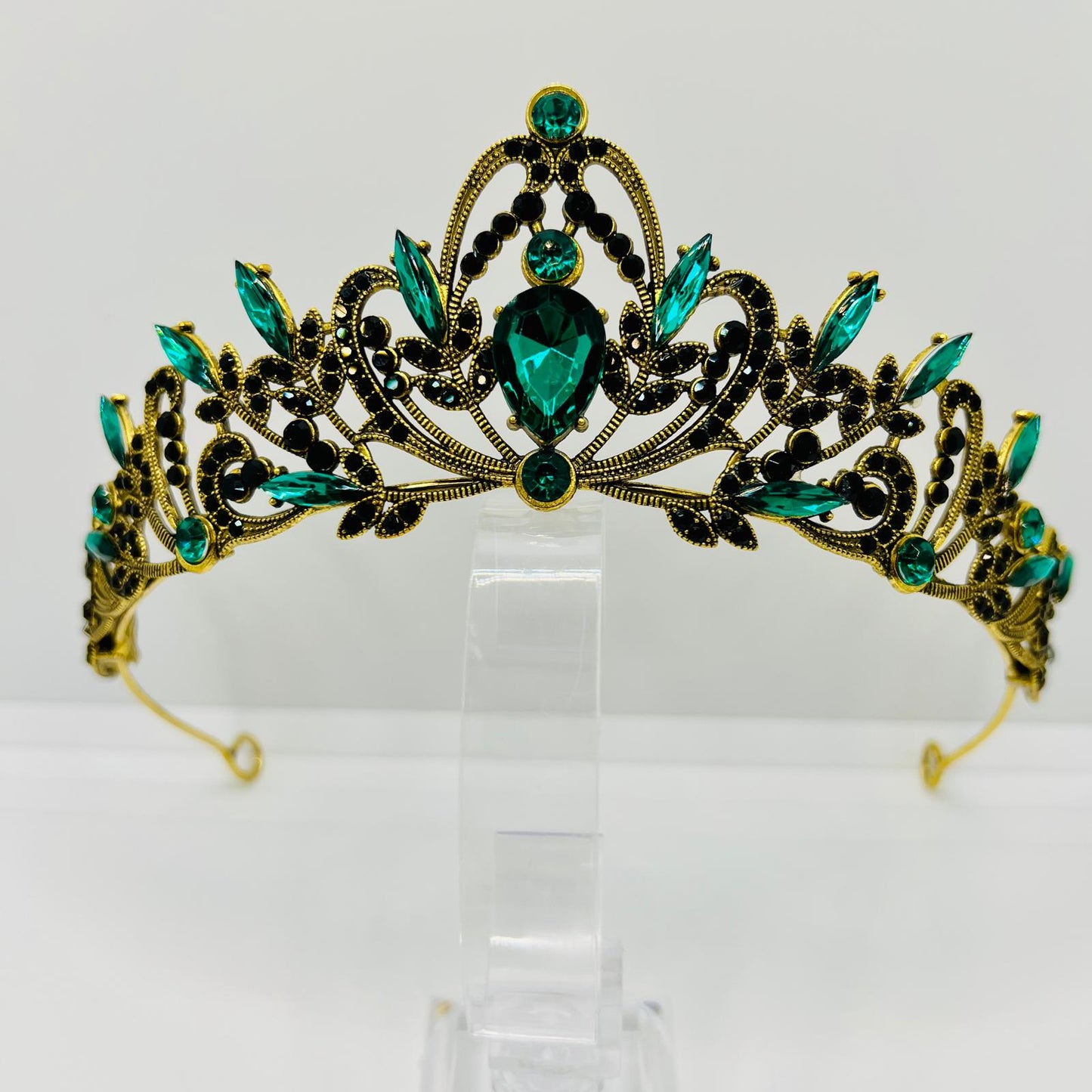 Barockstil Diadem Krone in Gold – Strasssteine in Grün Schwarz – Elegante Tiara