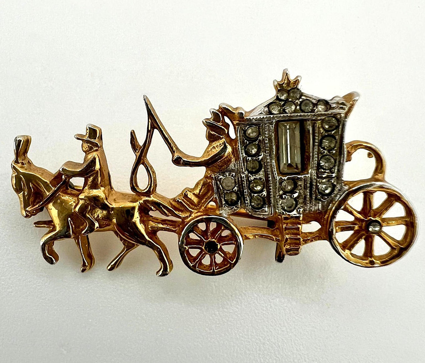 Brosche 800 Silber vergoldet Kutsche