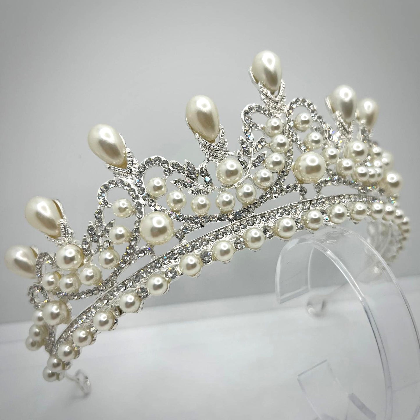 Kristallkrone Queen Tiara Diadem in Silber mit Perlen