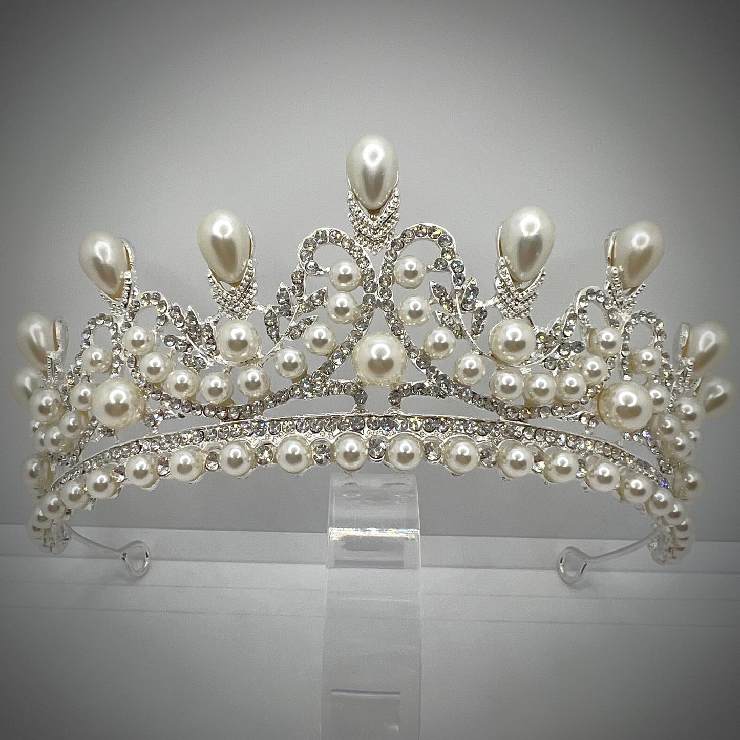 Kristallkrone Queen Tiara Diadem in Silber mit Perlen