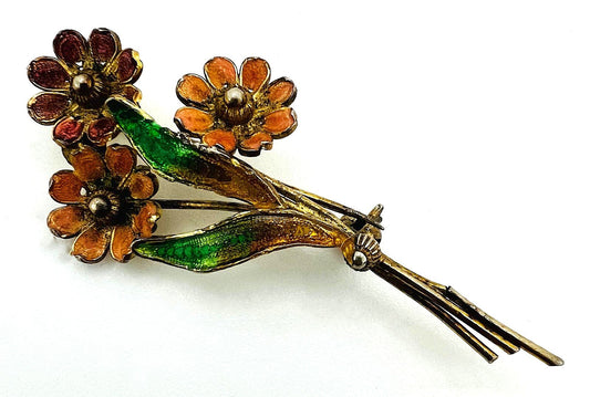 Brosche 800 Silber vergoldet Emaille Blumen 