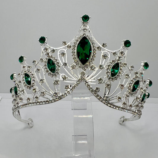 Diadem Krone in Silber mit Grün Weiß Strasssteinen