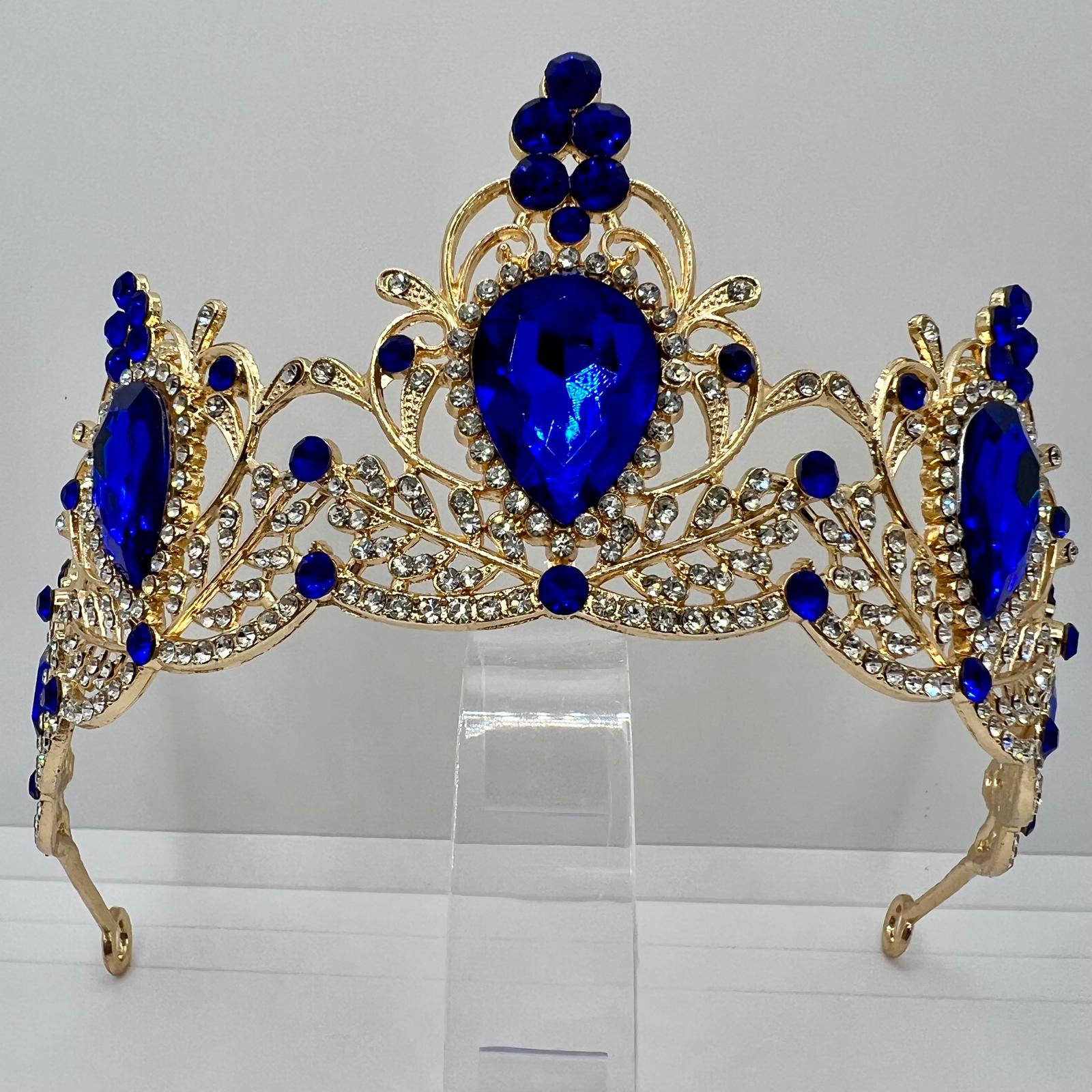 Diadem Krone in Gold mit Blau-Weiße Strasssteinen