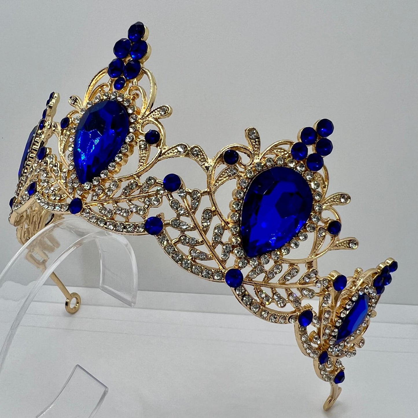 Diadem Krone in Gold mit Blau-Weiße Strasssteinen