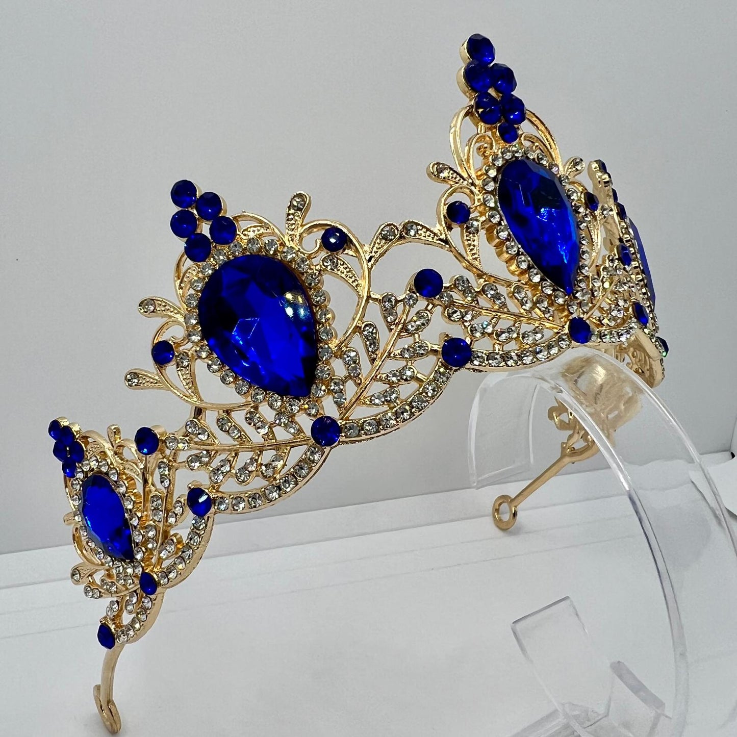 Diadem Krone in Gold mit Blau-Weiße Strasssteinen