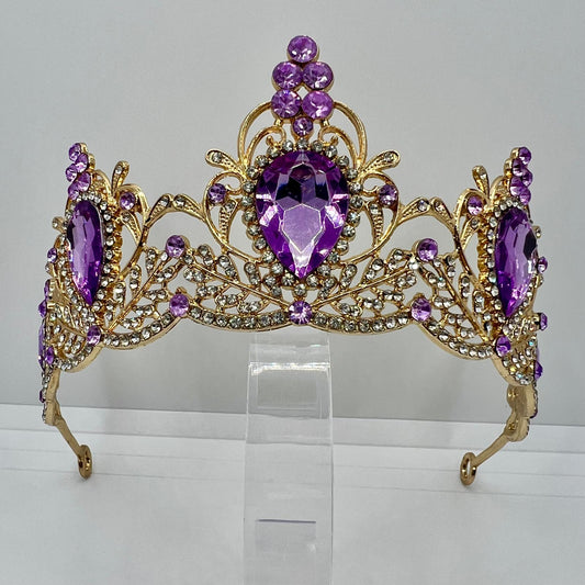 Diadem Krone in Gold mit Lila und Weißen Strasssteinen