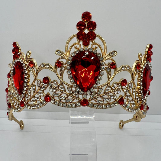 Diadem Krone in Gold mit Roten und Weißen Strasssteinen