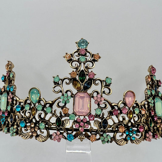  Diadem in Bronze mit Pastell Strasssteinen 