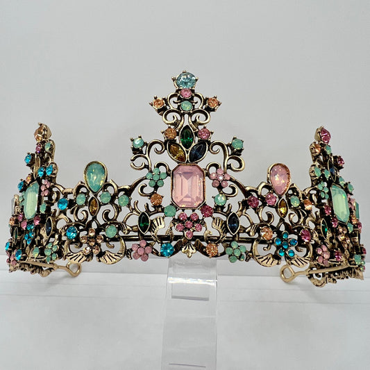  Diadem in Bronze mit Pastell Strasssteinen 