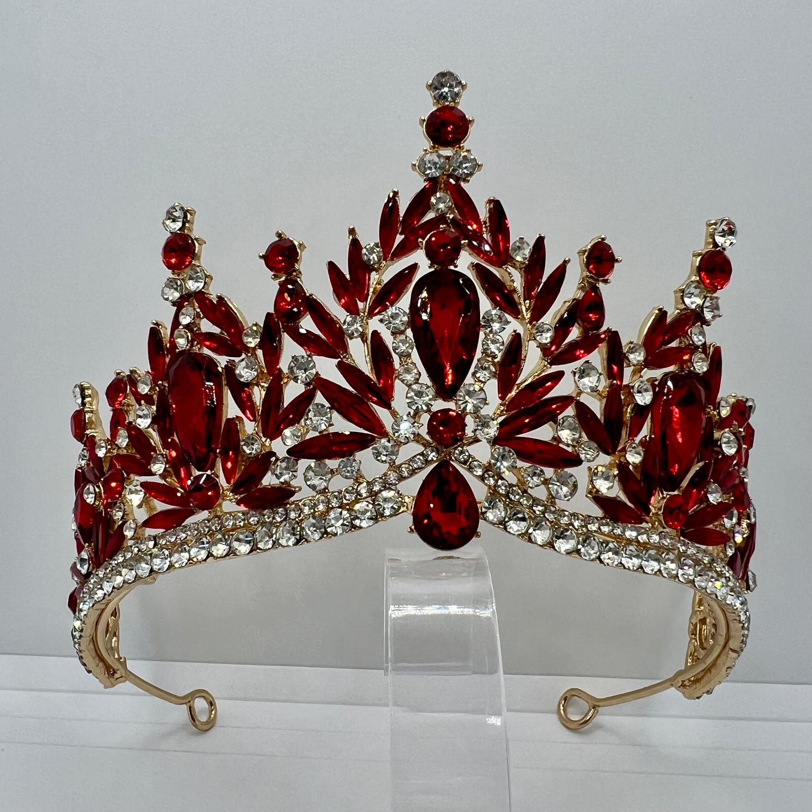  Diadem in Gold mit Rubinroten Strasssteinen