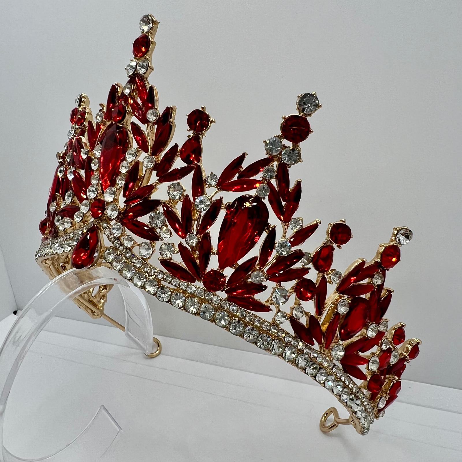  Diadem in Gold mit Rubinroten Strasssteinen