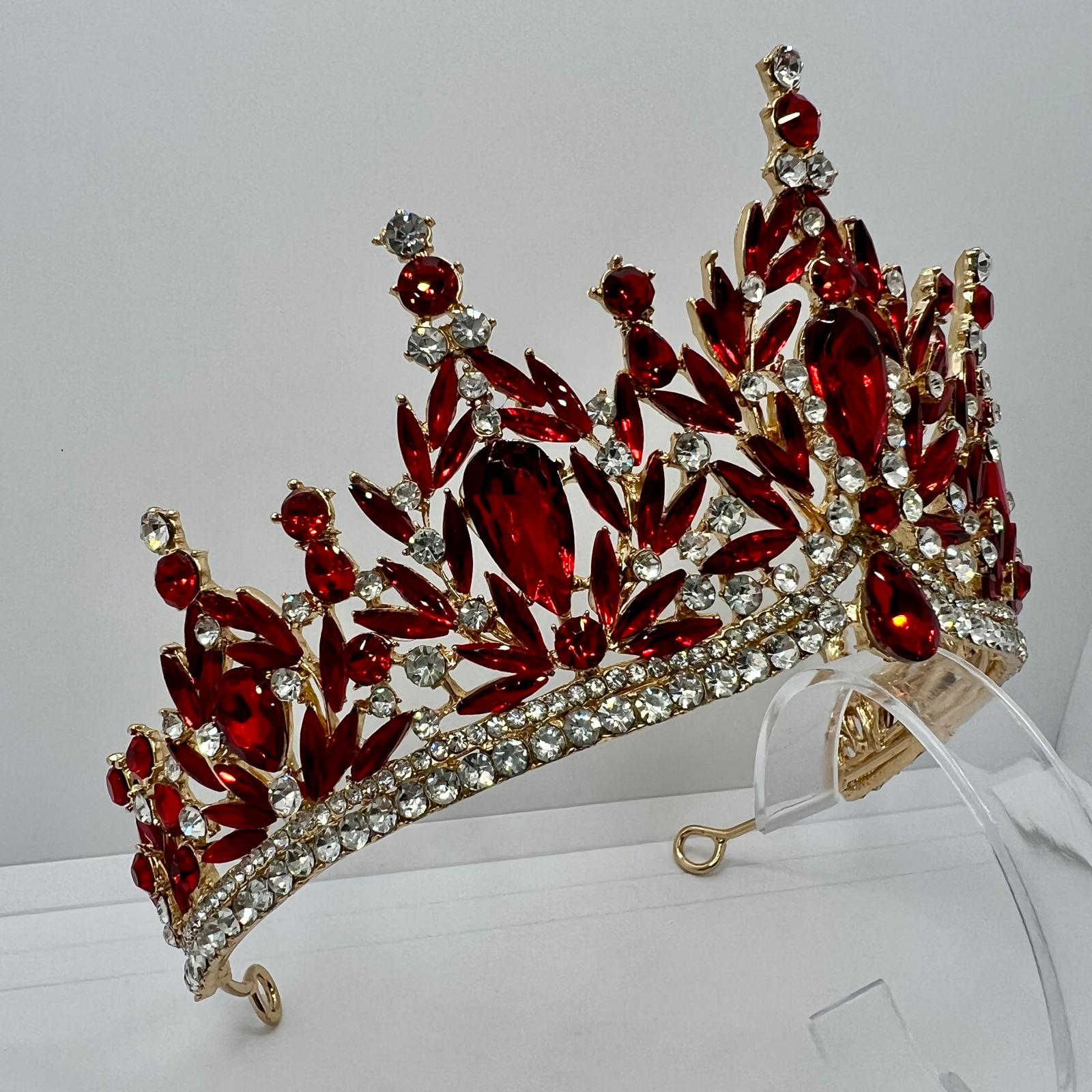  Diadem in Gold mit Rubinroten Strasssteinen