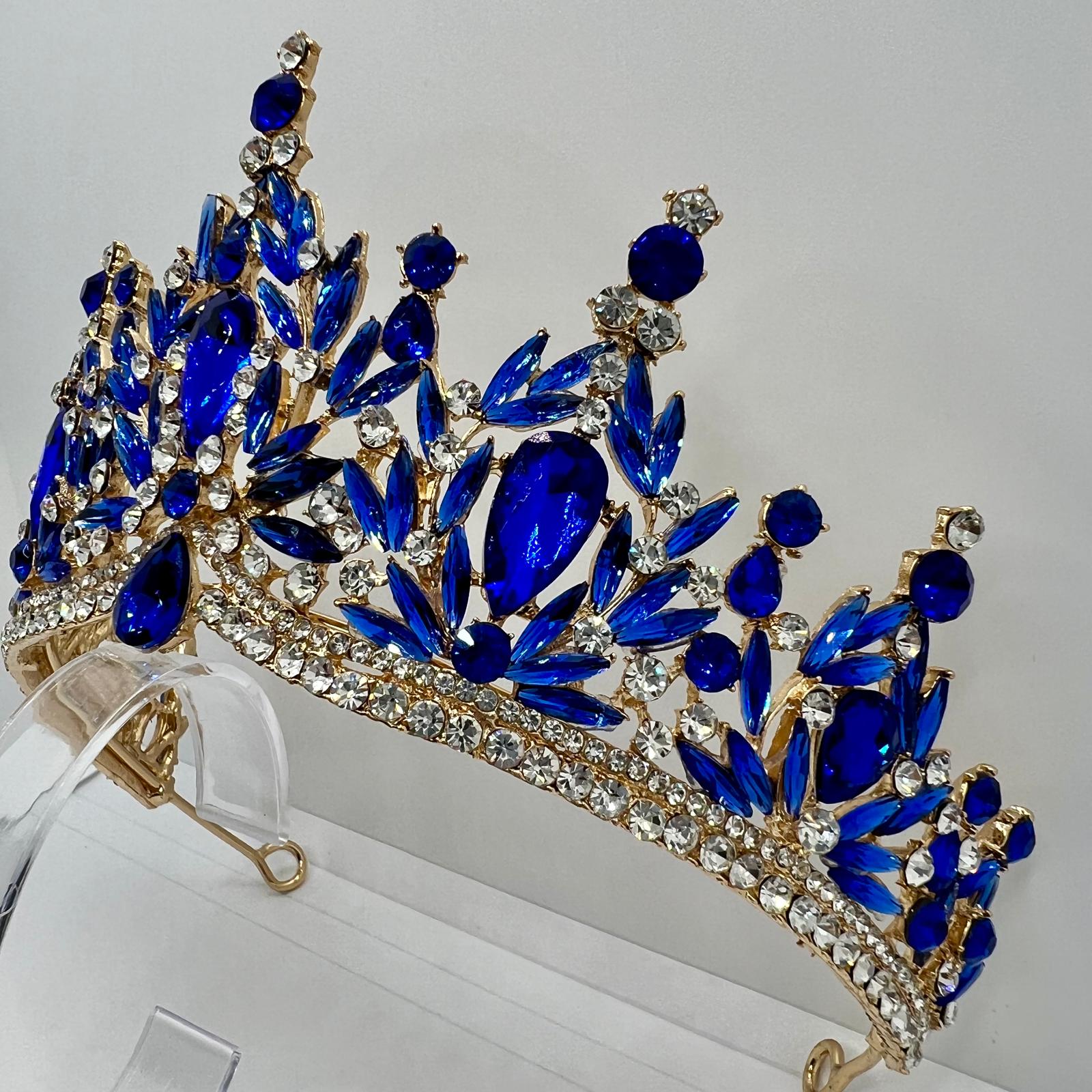 Diadem in Gold mit Saphirblauen Strasssteinen