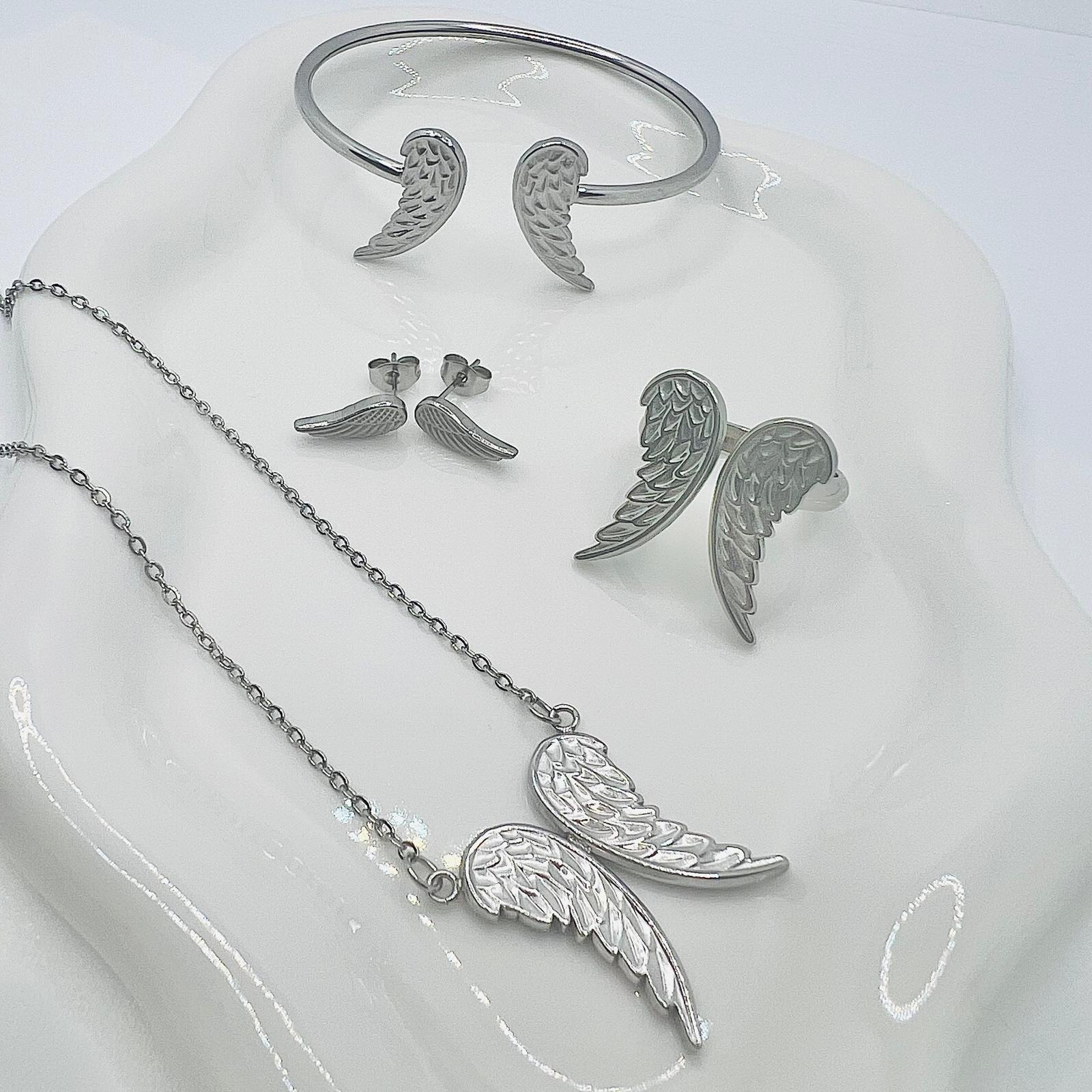 Edelstahl Silber Engelsflügel Schmuck Set