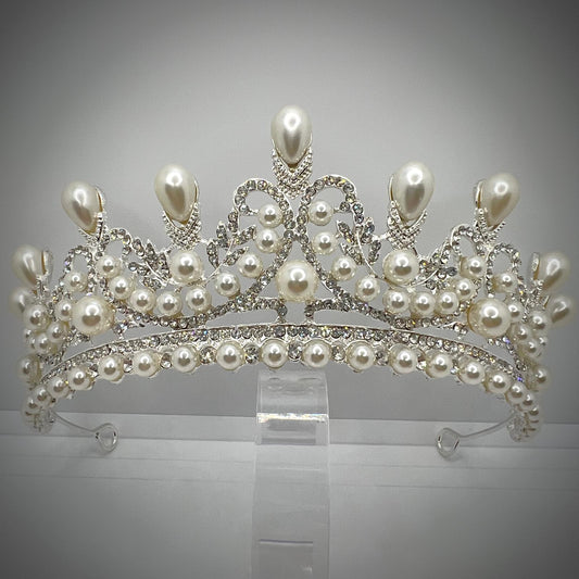  Kristallkrone Queen Tiara Diadem in Silber mit Perlen 