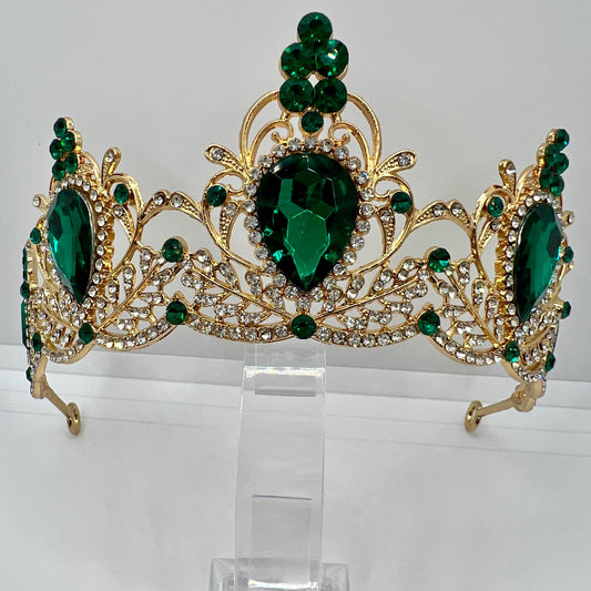 Diadem Krone in Gold mit grünen und weißen Strasssteinen