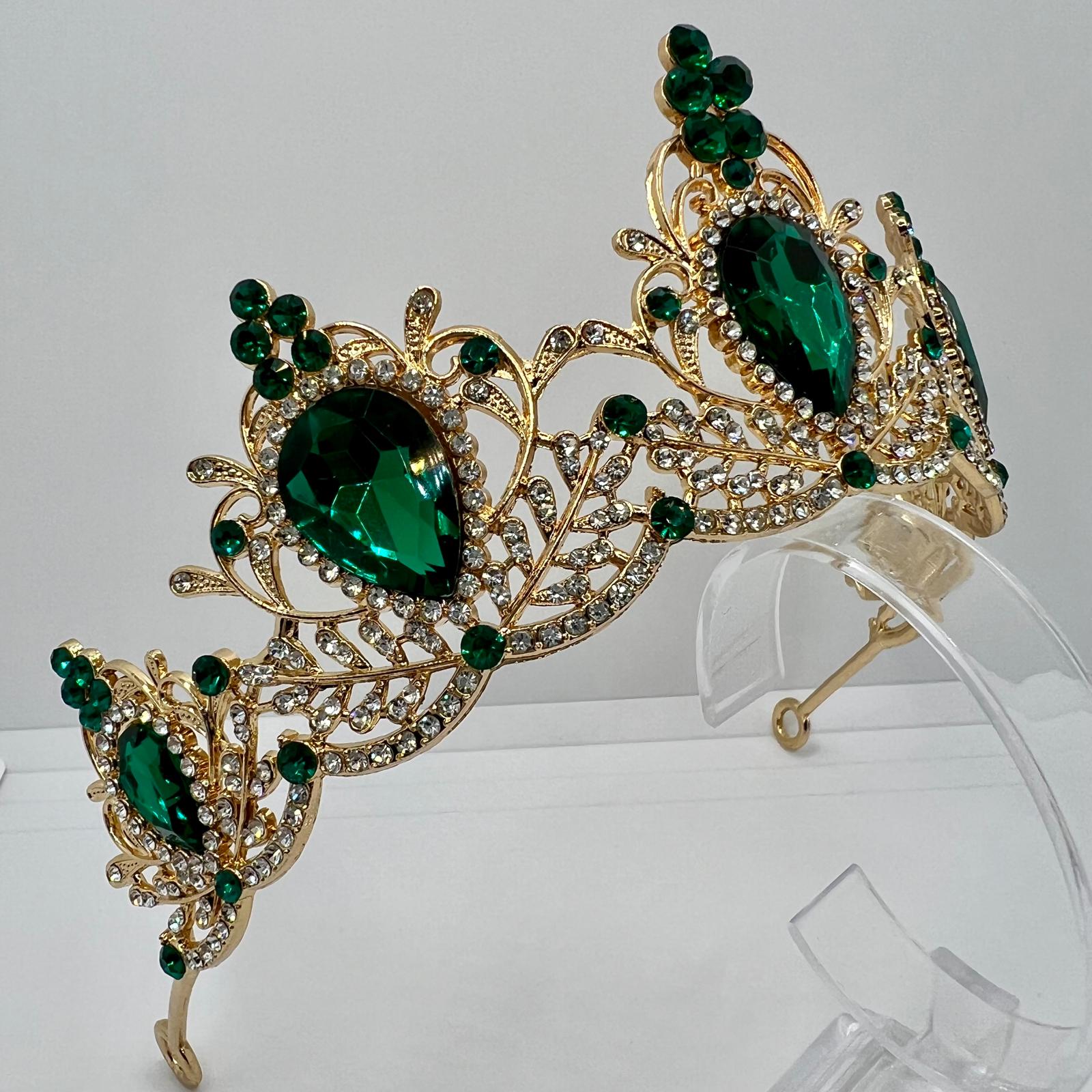 Diadem Krone in Gold mit grünen und weißen Strasssteinen