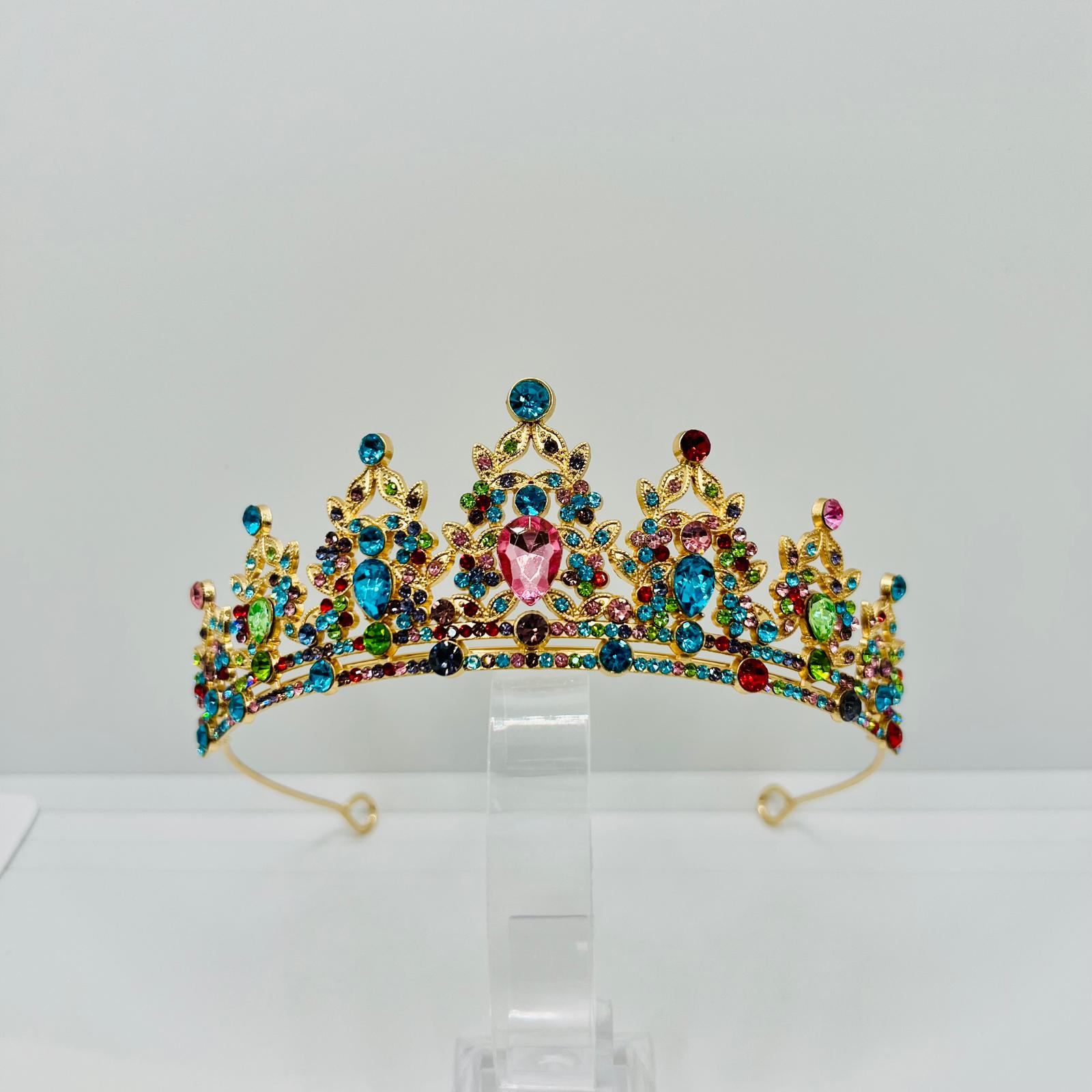  Diadem Krone in Gold mit Multicolor Strasssteinen