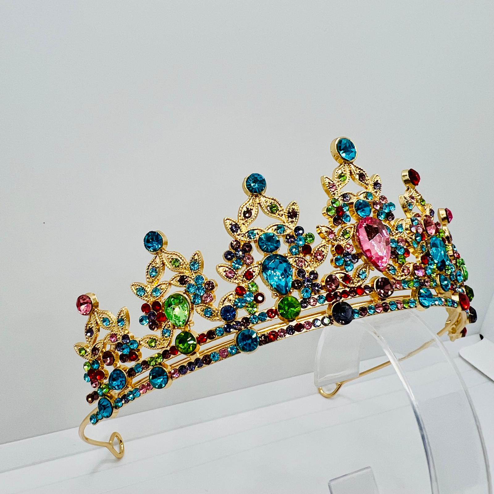  Diadem Krone in Gold mit Multicolor Strasssteinen