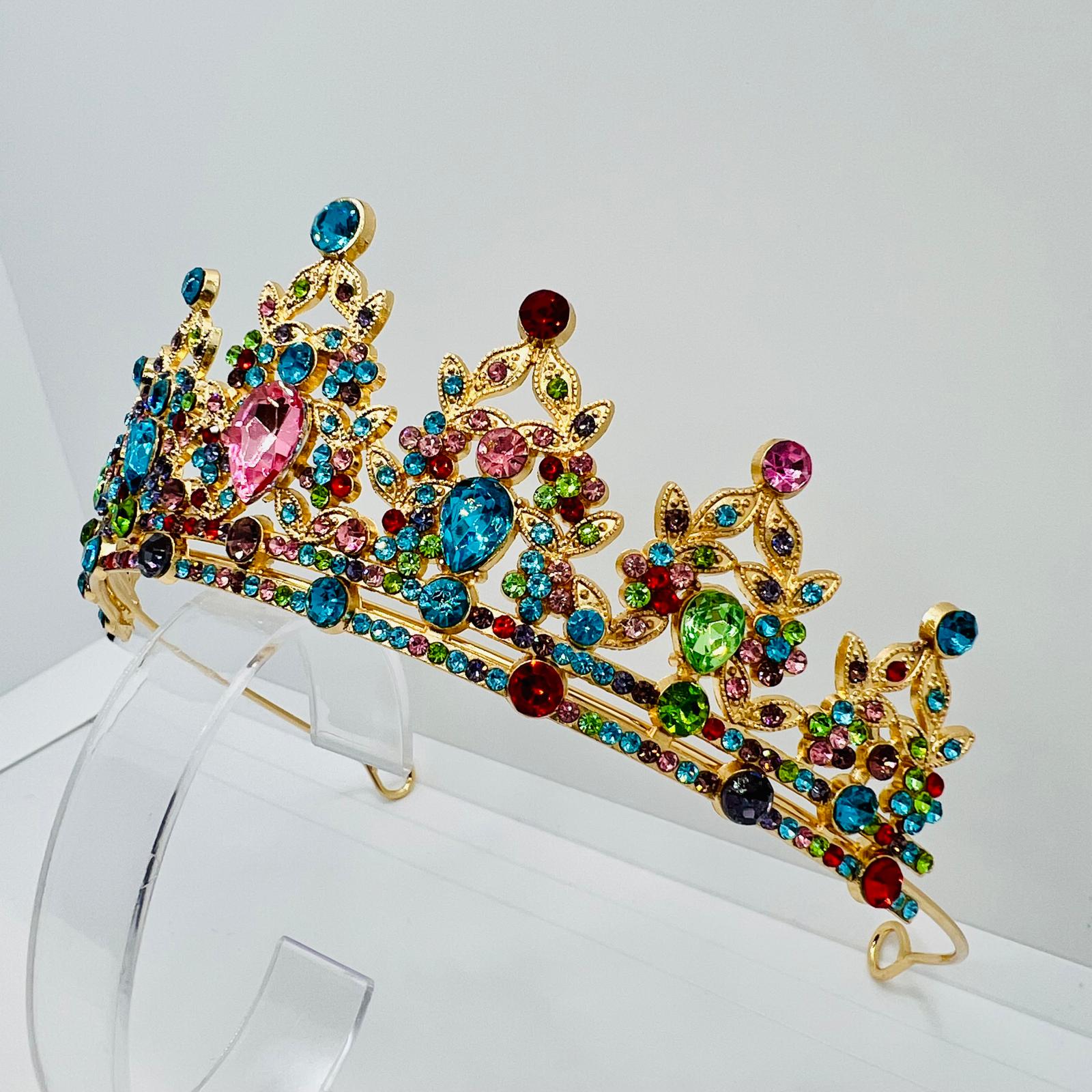  Diadem Krone in Gold mit Multicolor Strasssteinen