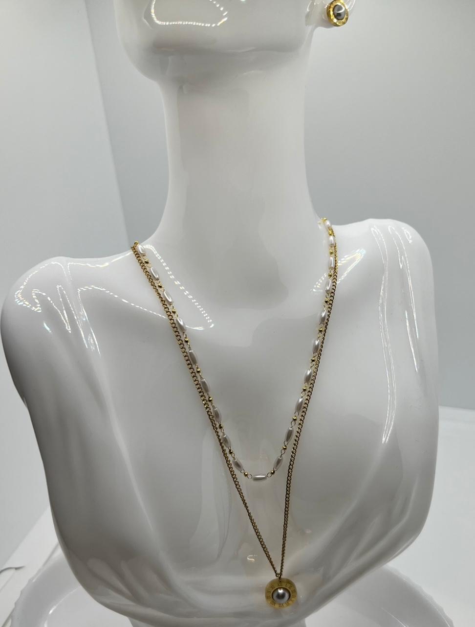 Perlen Set Doppelkette mit Collier Anhänger und Ohrsteckern