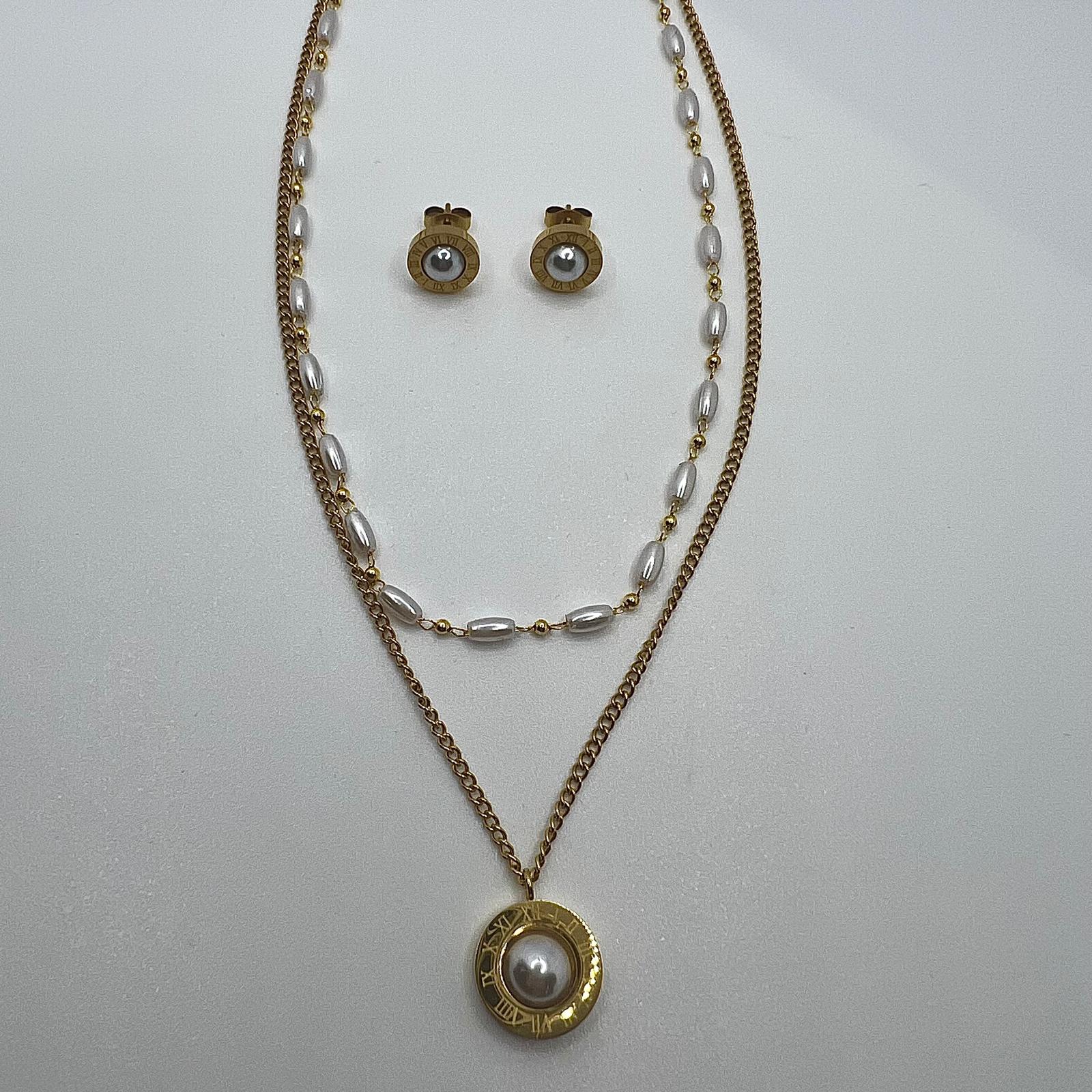 Perlen Set Doppelkette mit Collier Anhänger und Ohrsteckern