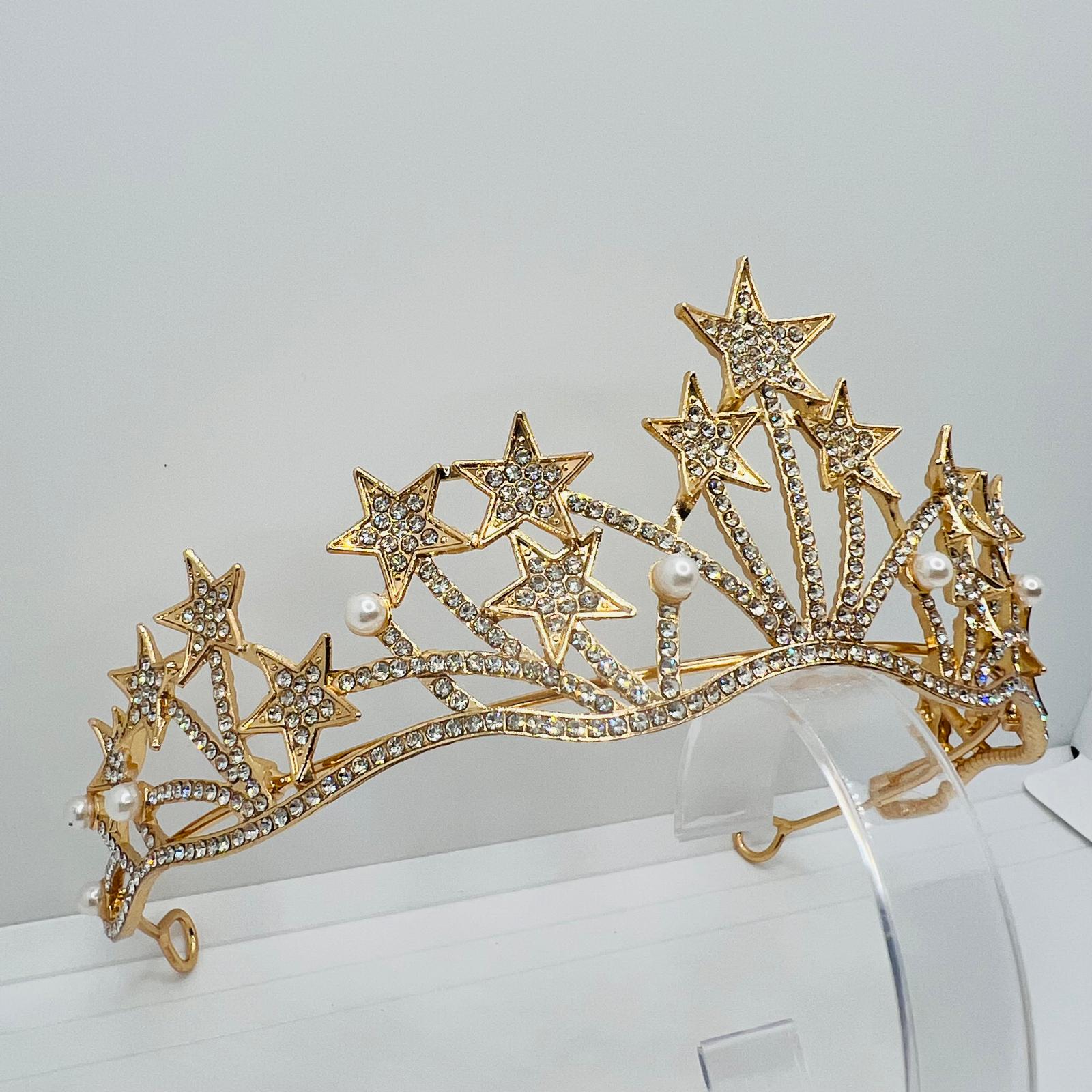 Sternen Diadem in Gold mit Strass und Perlen