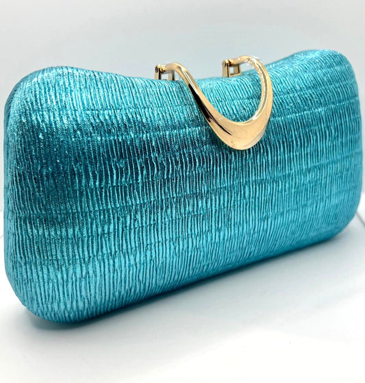 Türkisblaue Clutch aus Lurex mit Goldgriff 