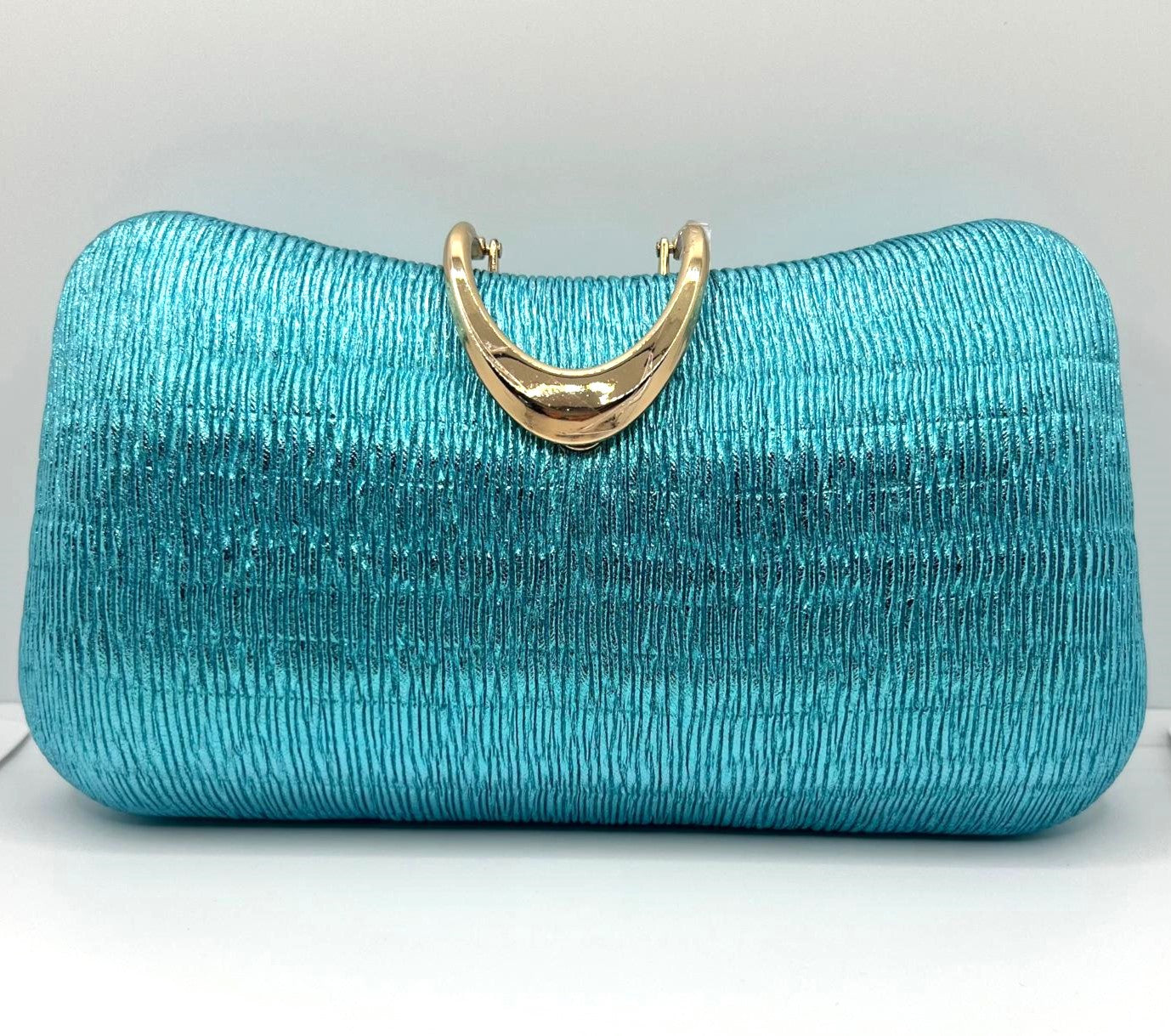 Türkisblaue Clutch aus Lurex mit Goldgriff 