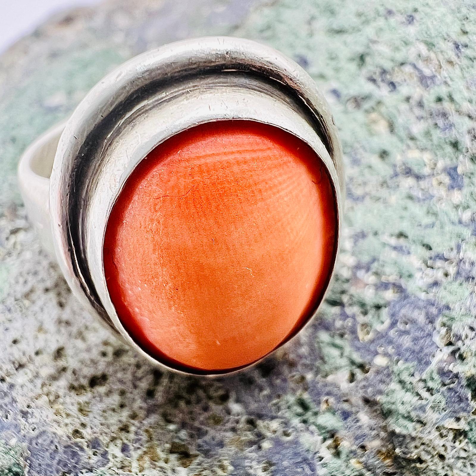 Vintage Koralle Ring 925 Silber Größe 7