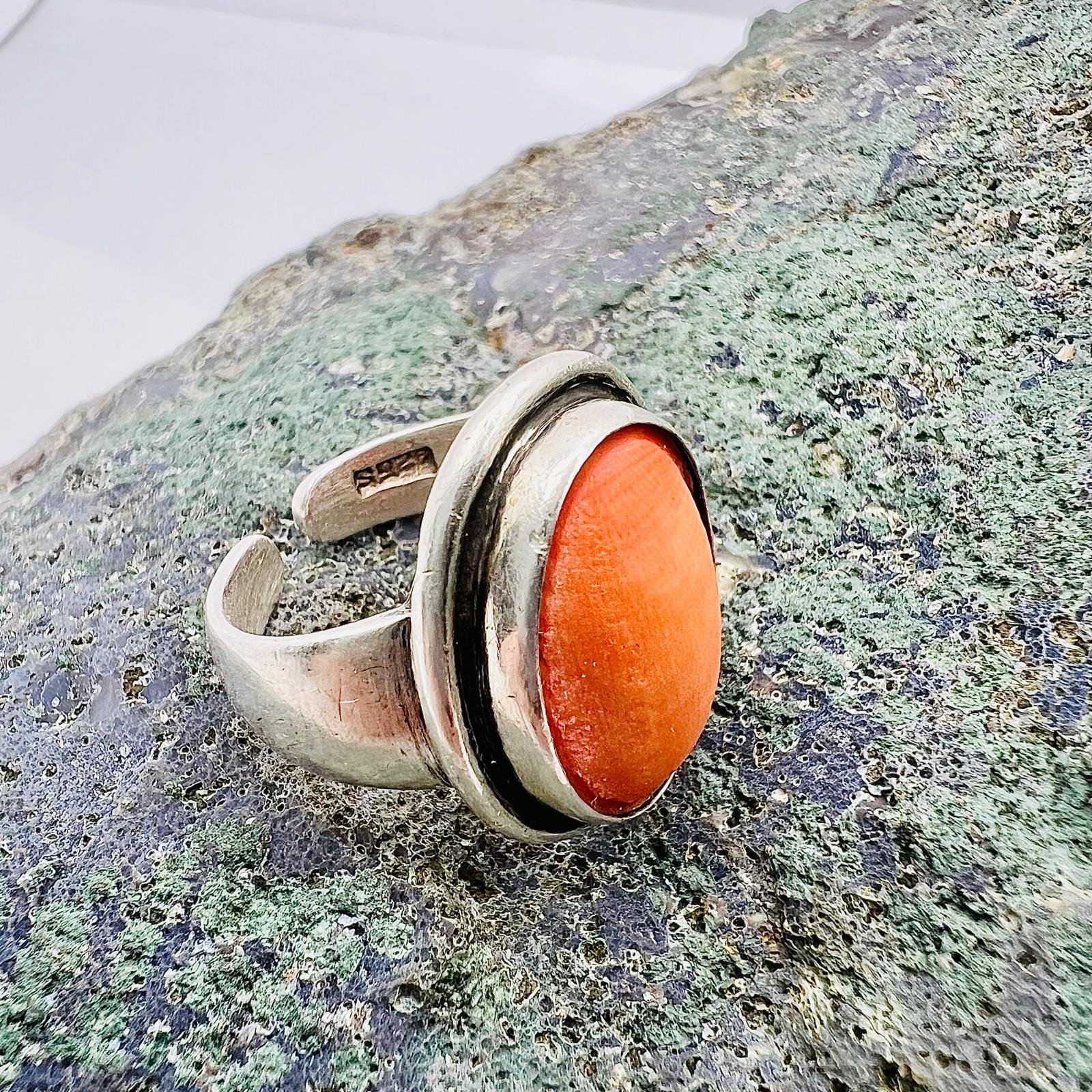 Vintage Koralle Ring 925 Silber Größe 7